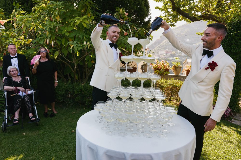champagne tower at Villa Eva Ravello gay wedding
